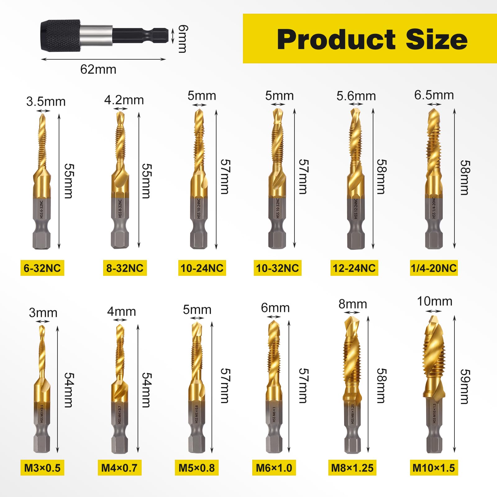Set di 13 punte per filettatura HSS 6 mm M3-M10 SAE 6-32NC 1/4-20NC