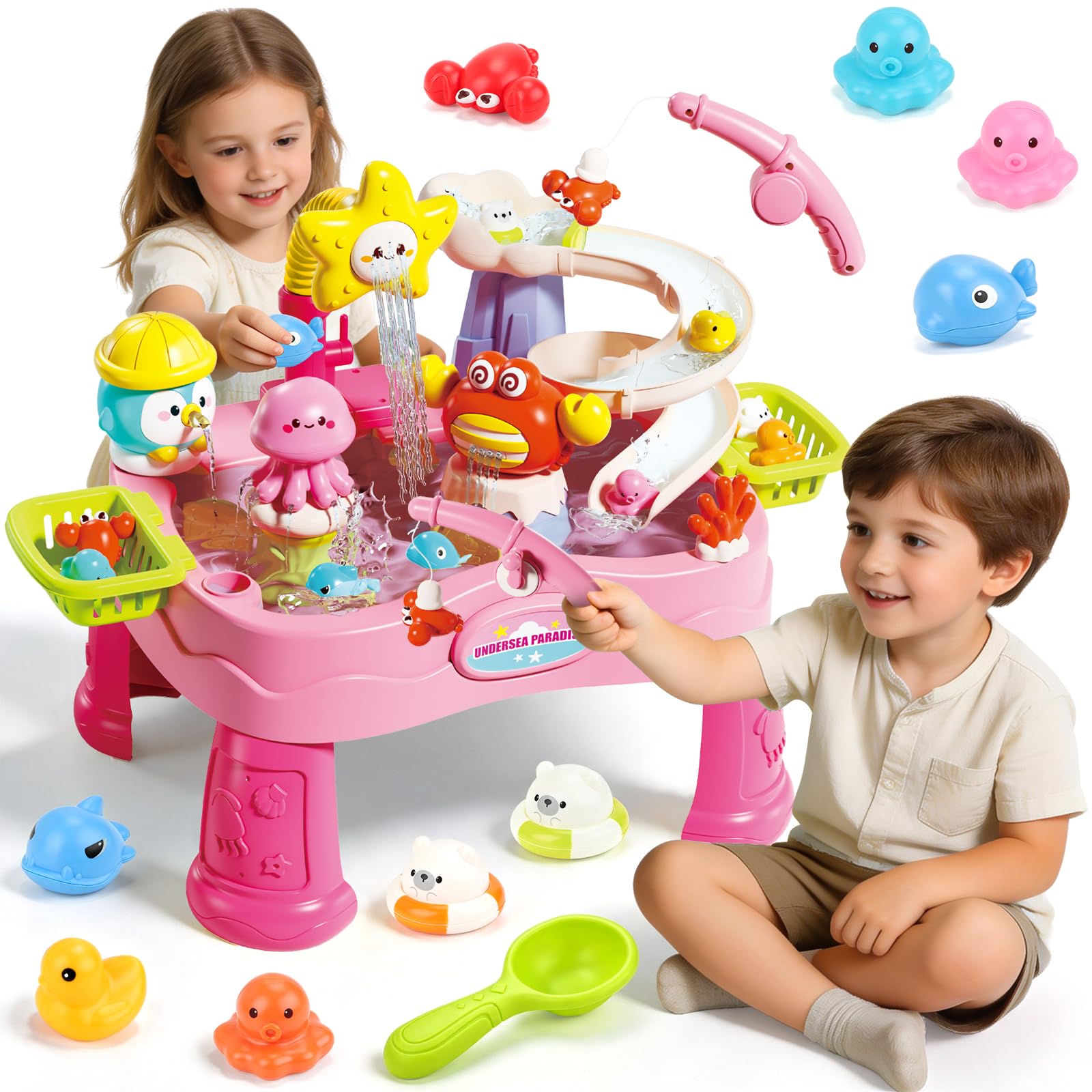 deAO Kids Water Table Electric Play Sink with Running Water, Fishing Game