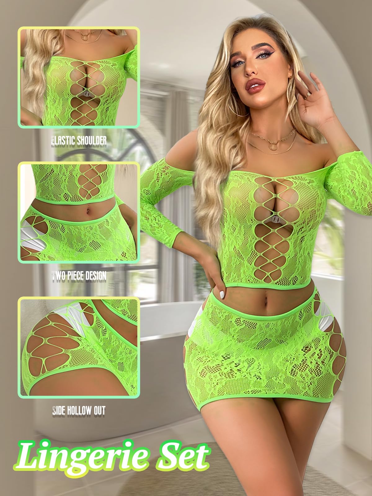 Buitifo Womens Lingerie Set Fishnet BabyDoll Bodysuit Sexy Nightwear: Green One Size