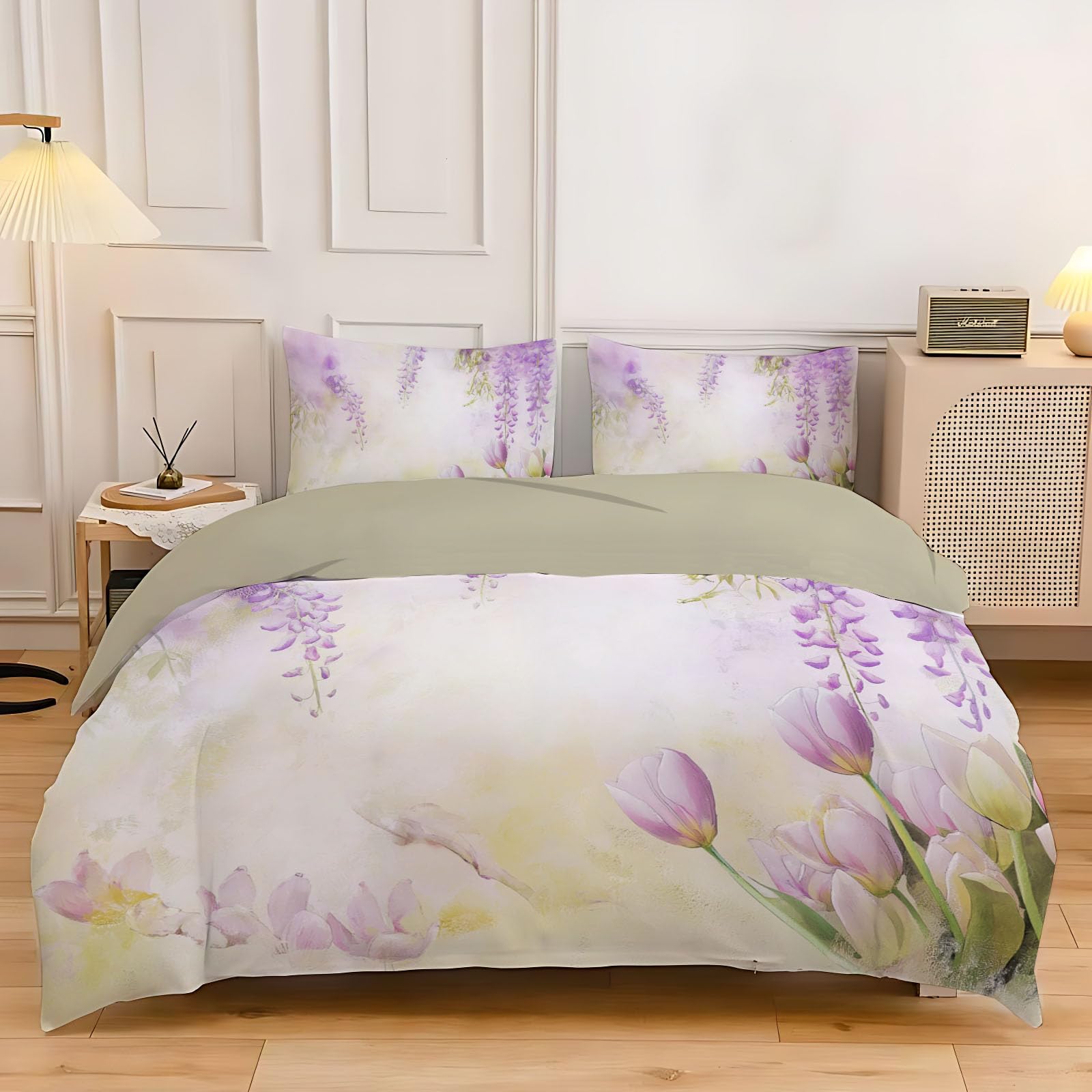 Housse de couette 220x240cm avec taies parure lit bicolore motif violet tulipes en microfibre