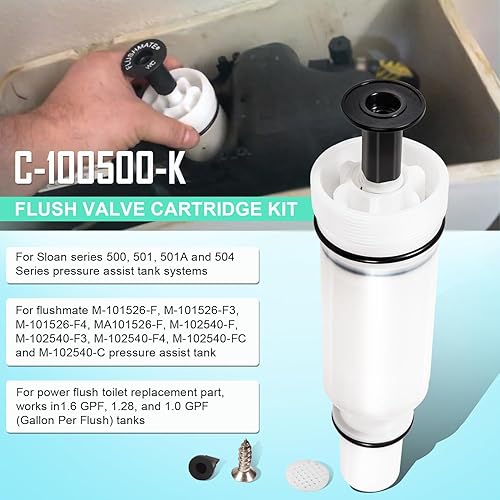 Miniatura 2 de Kit de cartucho de repuesto para Sloan Flushmate C-100500-Kit, kit de cartucho de válvula de descarga C-100500-K, compatible con sistema de tanque