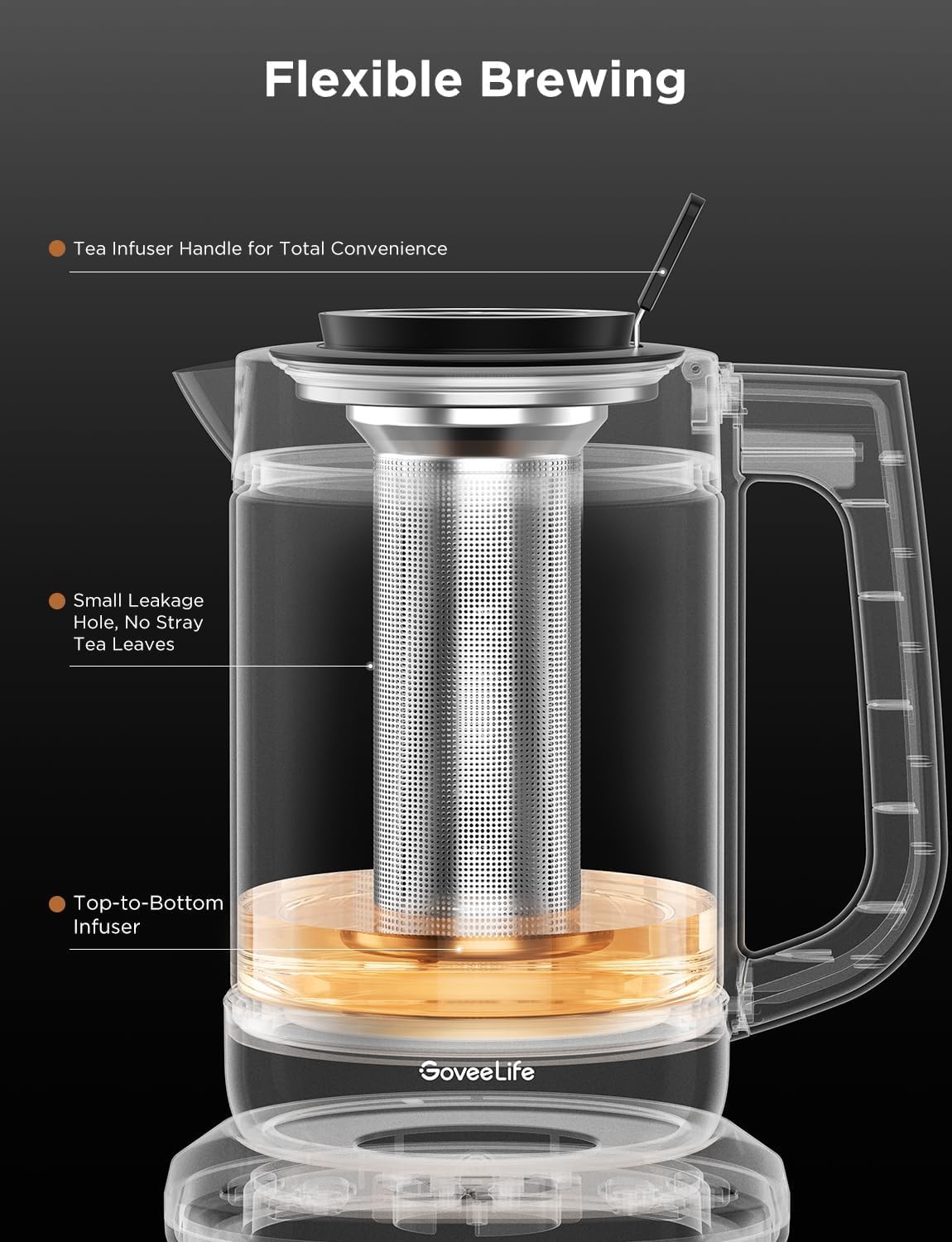 GoveeLife Smart Electric Kettle with Tea Infuser for Loose Leaf, 1.7 L Electric Tea Kettle with Brewing Program, Variable Temperature Control, 2 H Keep Warm & Auto Shut-Off, BPA Free. Black