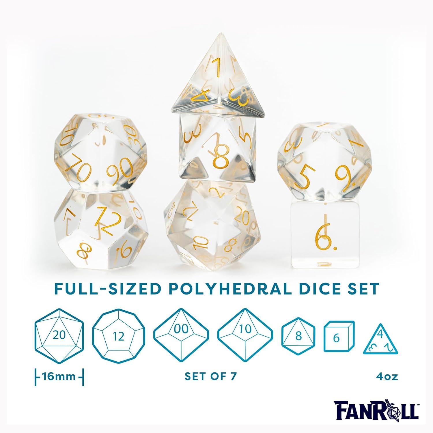 FanRoll 16mm Birthstone Stone Poly DND Dice Set: Engraved April Diamond, Role Playing Game Dice for Dungeons and Dragons