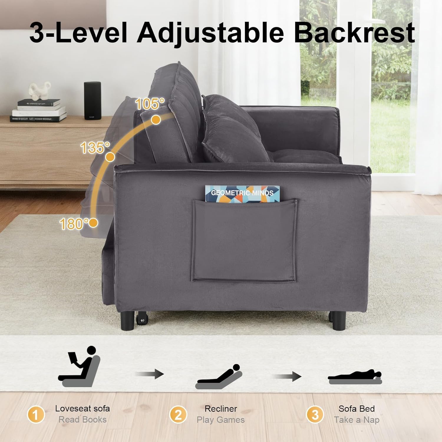 Dreamzie 3 in 1 Convertible Sleeper Sofa Bed, 55'' Loveseat Sleeper Sofa, Pull Out Couch Bed with Adjustable Backrest for Living Room, Velvet Fabric, Dark Gray