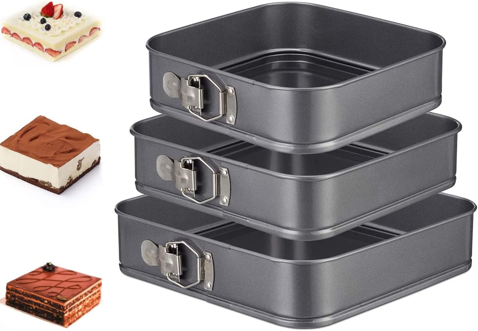 Springform Cake Pan Square 9.5inch,10inch,11inch, Set of 3 non stick leakproof cake baking pans with removable bottom, Non Stick Carbon Steel