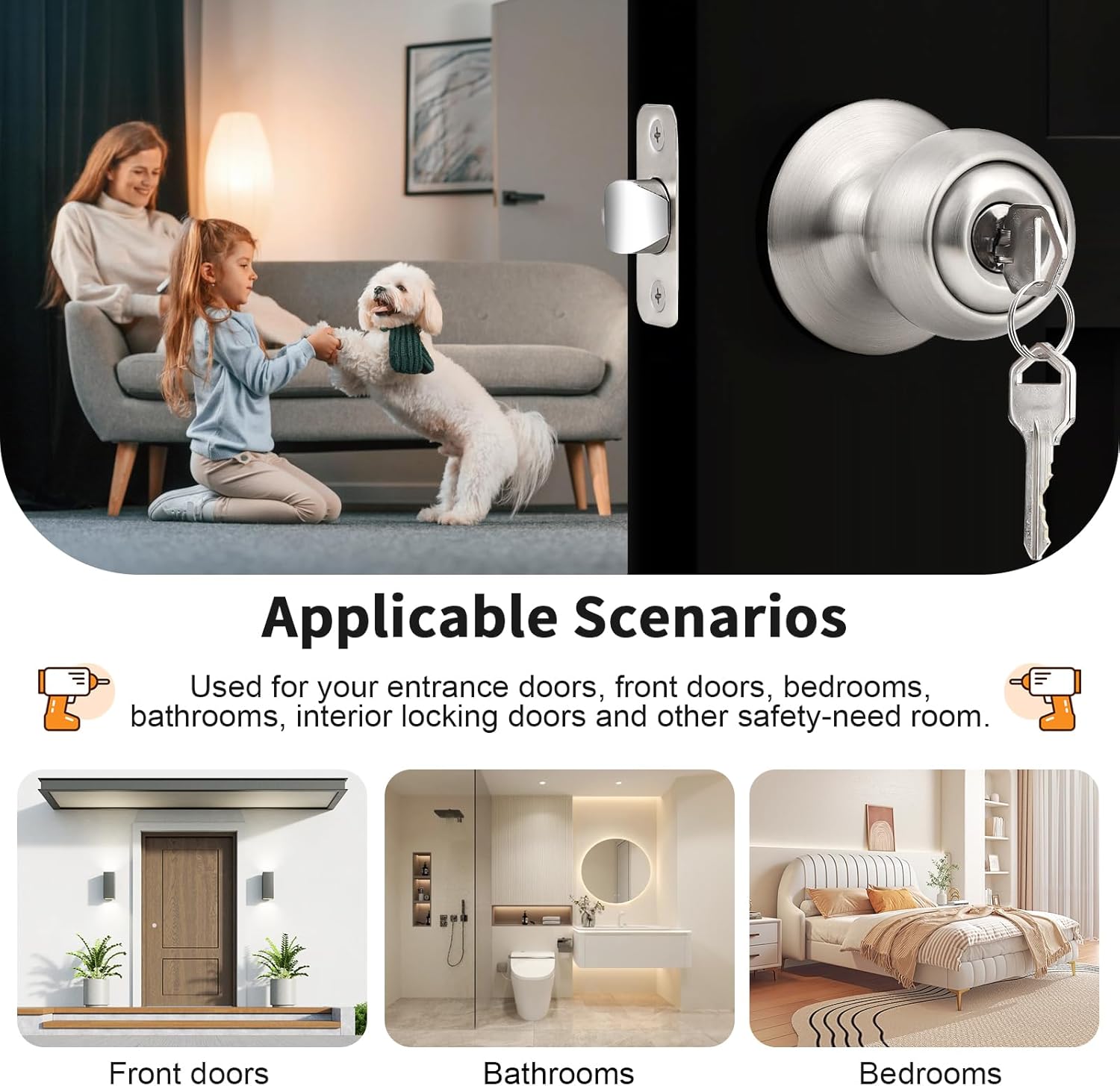 Probrico 4 Pack Keyed Alike Entry Door knobs in Brushed Nickel Keyed Entrance Door Knob Sets with Lock and Same Keys for Exterior Interior Door Hardware, Round Ball Door Handles, Universal Handling