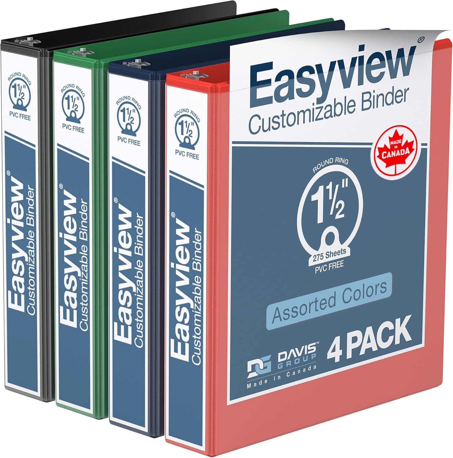 Easyview – Lot de 4 classeurs de qualité supérieure de 3,8 cm avec couvertures transparentes, classeurs à 3 anneaux pour l'école, le bureau ou la maison, lot de 4, anneaux ronds, couleurs classiques