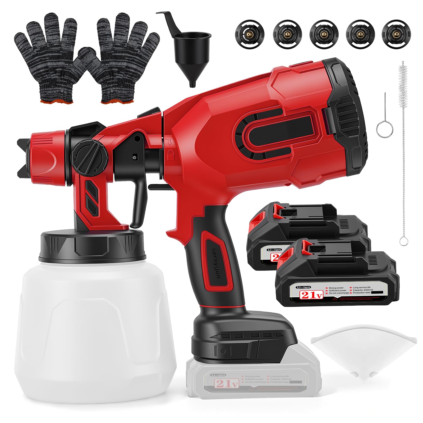 Cordless Paint Sprayer,1400ML Paint Sprayers with Battery, Fence Paint Sprayer with 5 Nozzle, Handheld Paint Gun with 2x3000mAh Batteries & Charger for Fences and Sheds, Walls, Ceilings（Red）