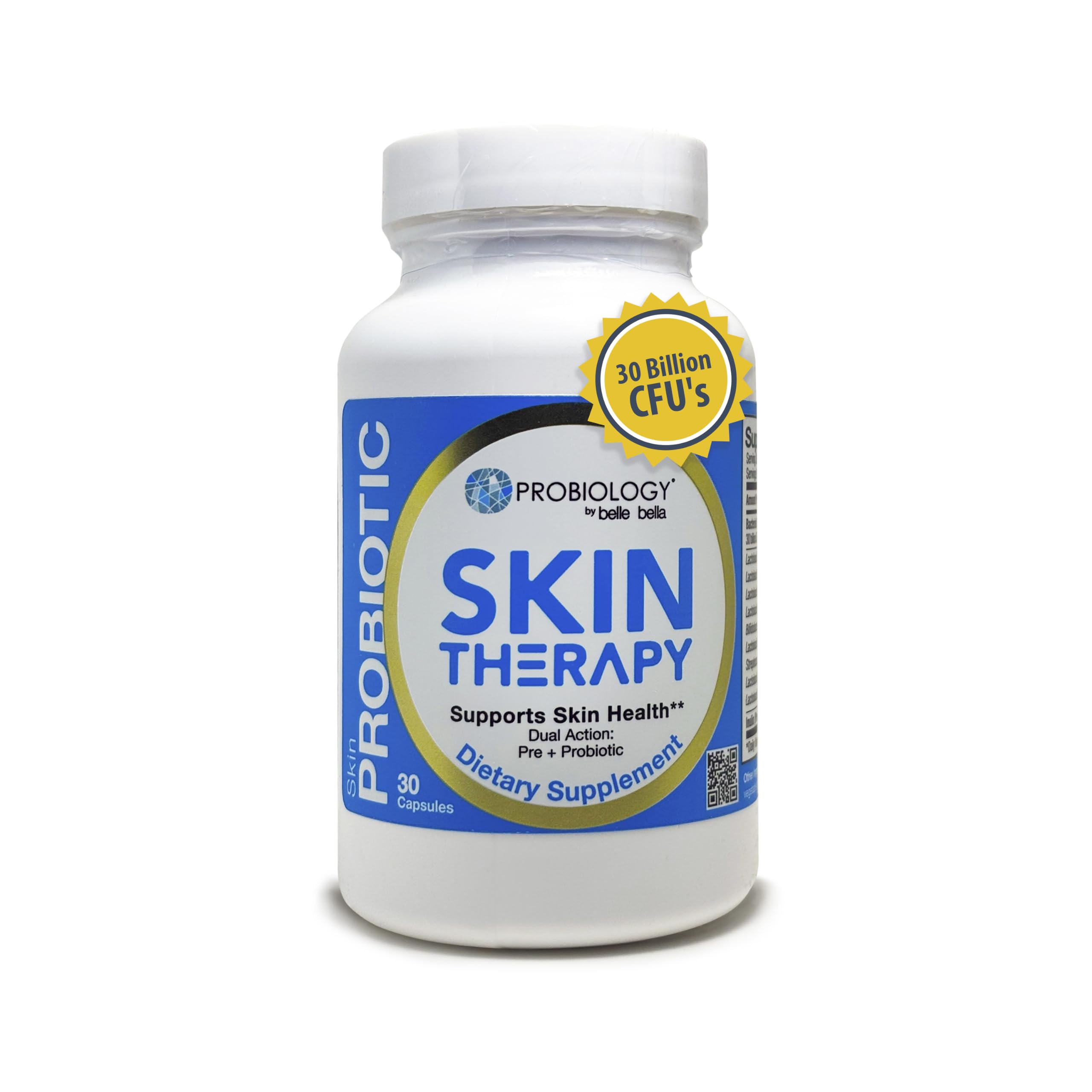 belle+bella Probiotic Skin Therapy - Dual Action Probiotic & Prebiotic Supplement for Healthy, Glowing Skin from Within - Non-GMO, Vegan & Gluten Free - 30 Caps