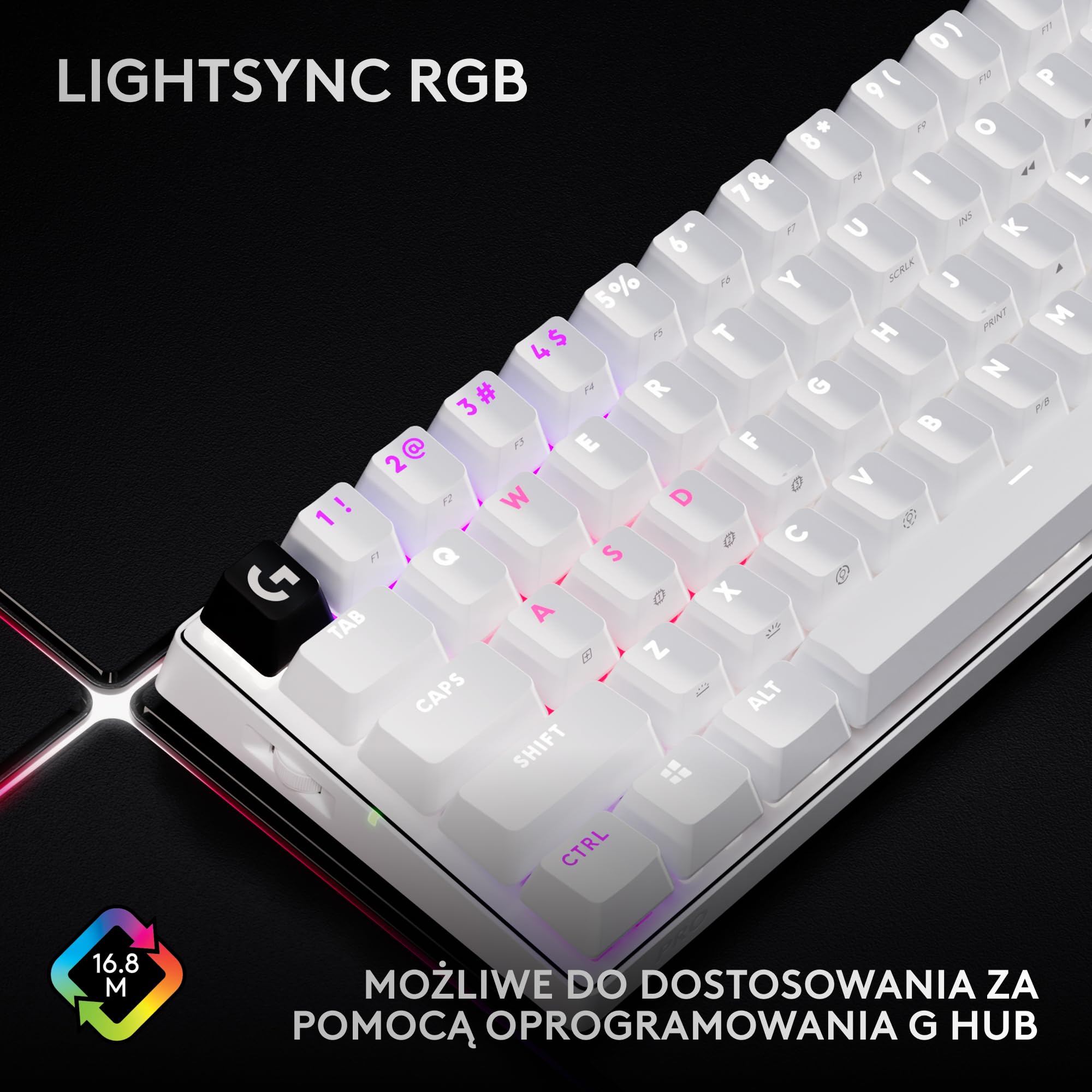 Logitech G PRO X 60 LIGHTSPEED, bezprzewodowa klawiatura do gier, ultra-kompaktowa, mechaniczna TKL 60%, LIGHTSYNC RGB, podwójne nakładki z PBT, przełączniki optyczne, Windows PC, US INTL - Biały