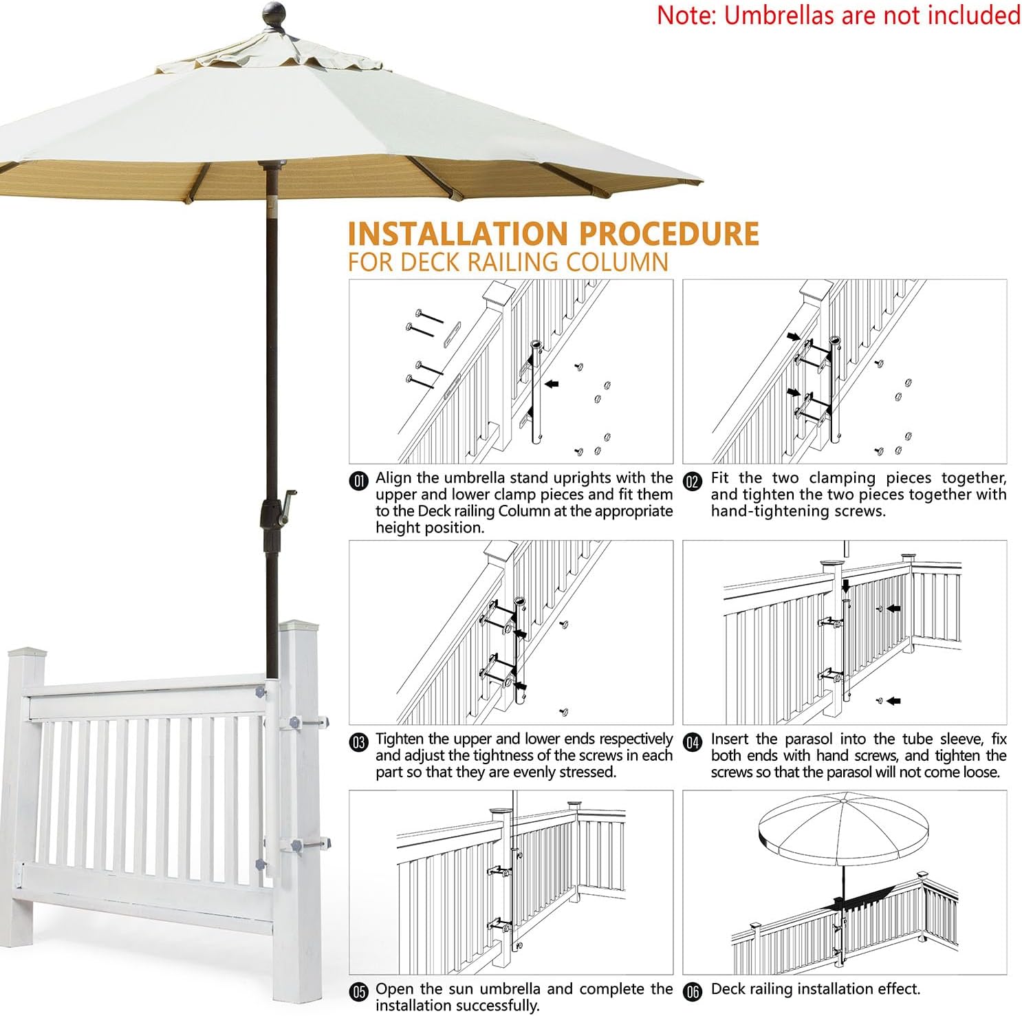 304 Stainless Steel Umbrella Holder for Deck Railing, Heavy-Duty Patio Umbrella Mount, Easy Installation Adjustable Outdoor Umbrellas Base(Post, White)