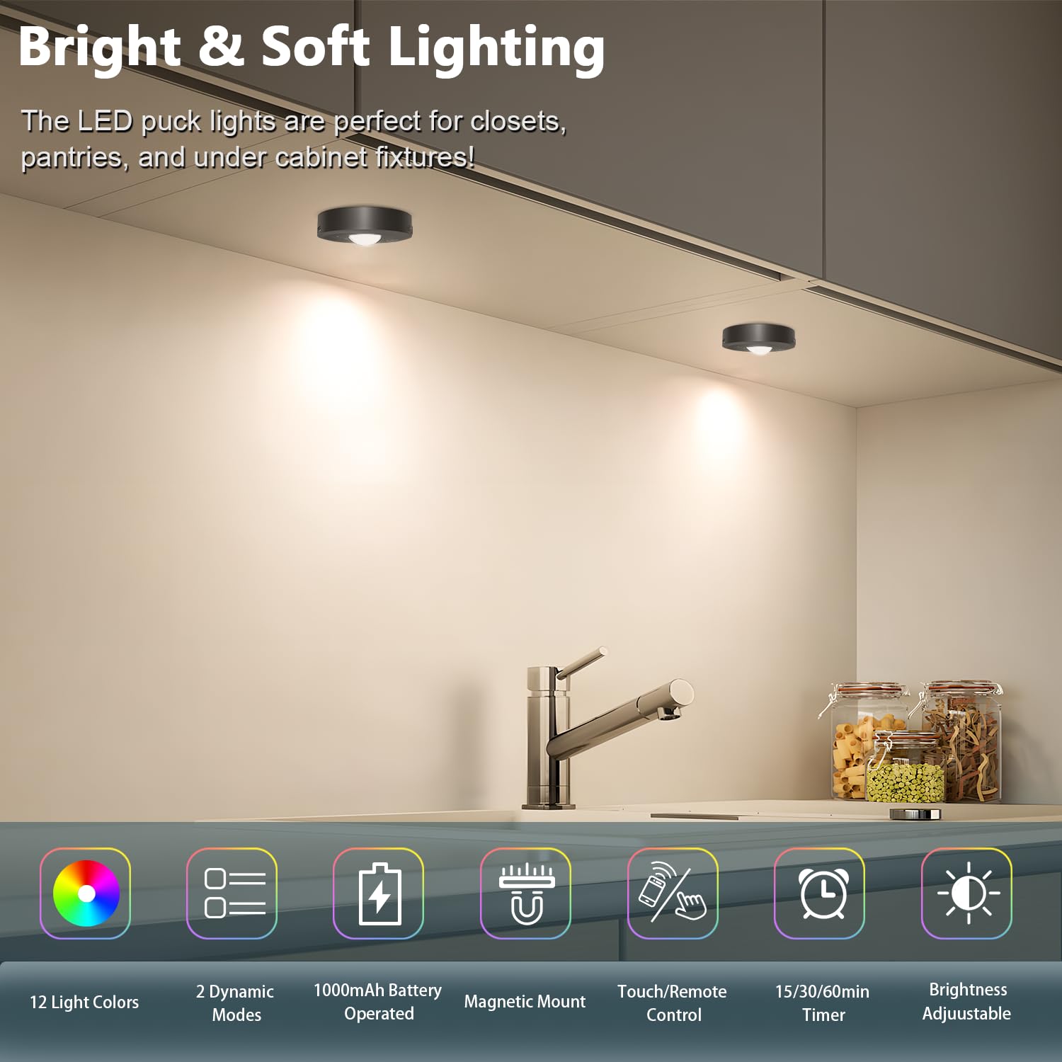 Rechargeable Puck Lights with Remote, 3 Color Temps & 9 RGB, Dimmable, Timer - 1000mAh Battery Operated Puck Lights - Magnetic Stick on Light - 3 Pack Under Counter Lights for Kitchen, Size: 2.56 Inch