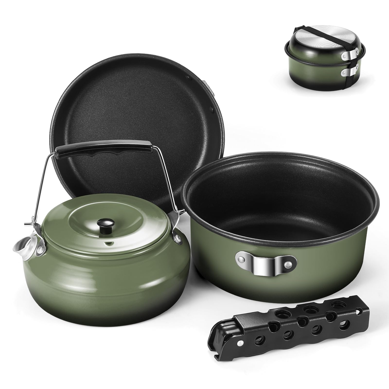 Odoland 5pcs Camping Cookware Non-Stick Camping Pot and Pan Set with Kettle and Removable Handle for Hiking Backpacking and Picnic