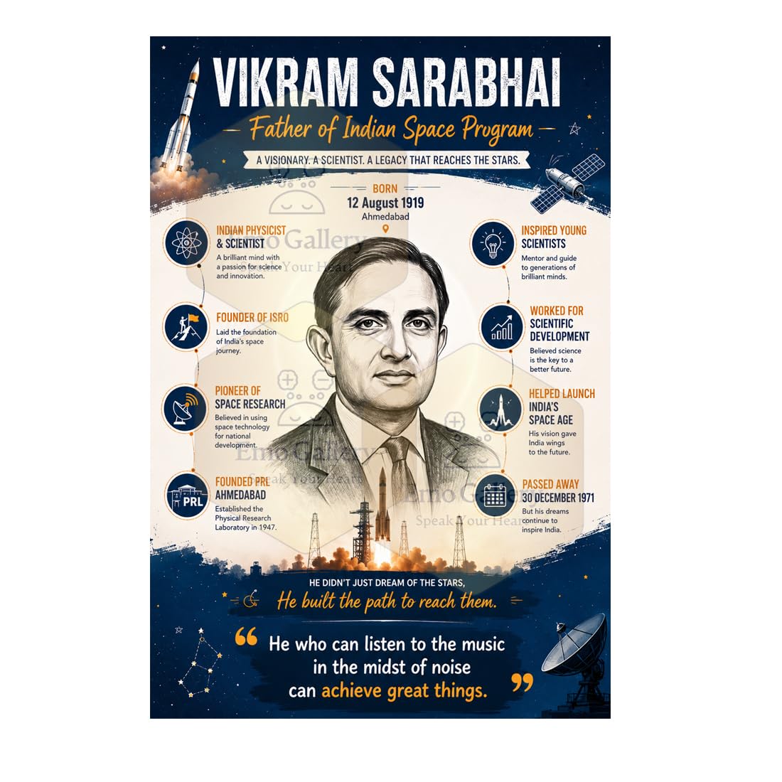 Vikram Sarabhai Educational Poster for School, Classroom & Office | ISRO Founder, Indian Scientist Biography & Inspirational Quote Wall Poster | Indian Scientist Biography Sticker for School, Classroom, Library & Office Self-Adhesive Waterproof & Oilproof Vinyl | 48 cm x 33 cm-image-30