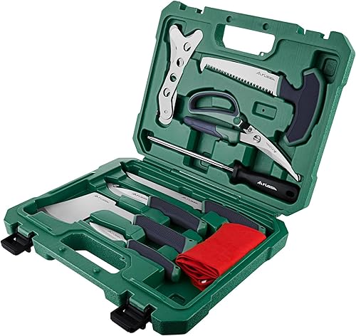 FLISSA Kit de aderezo de campo de caza, juego de cuchillos de caza de 10 piezas con cuchillo de desollado, kit de procesamiento de juego de