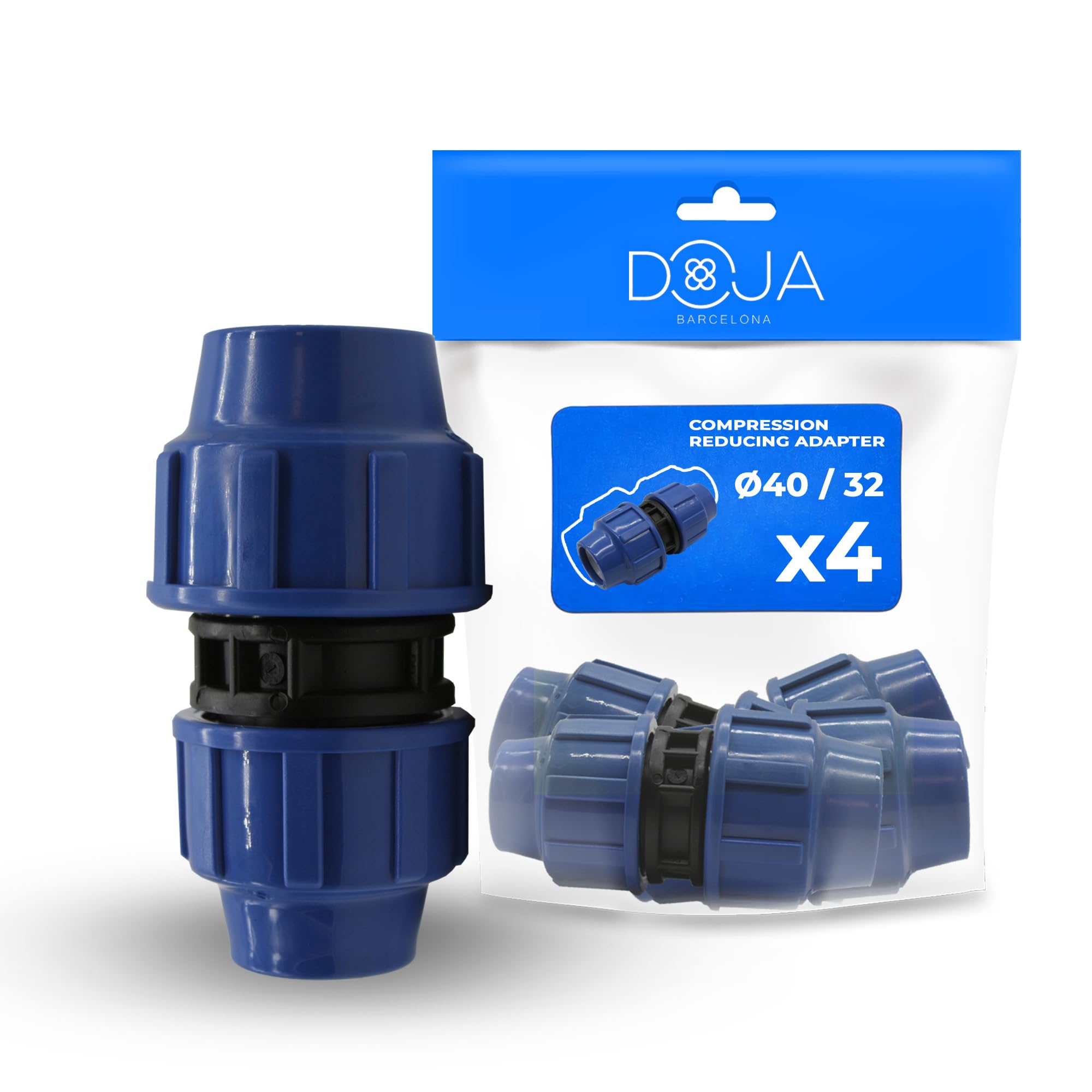 DOJA Barcelona Irrigation Pressure Reducer – 40 mm x 32 mm – Pack of 4 – MDPE Compression Fitting – Water Hose Reducer Quick Installation, Durable, Connector, Fittings for PP Irrigation Pipes
