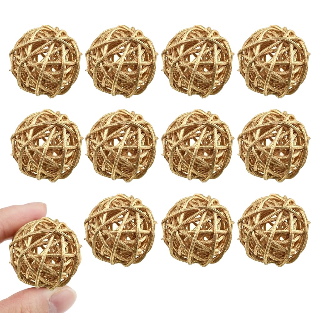 Acoeitl 12PCS 1.2 Inch Gold Wicker Rattan Balls Fade Resistant Decorative Orbs for Home Decor Wedding Centerpiece Bowls Vase Fillers Decorative Spheres for Bowls Table Decor (30mm)