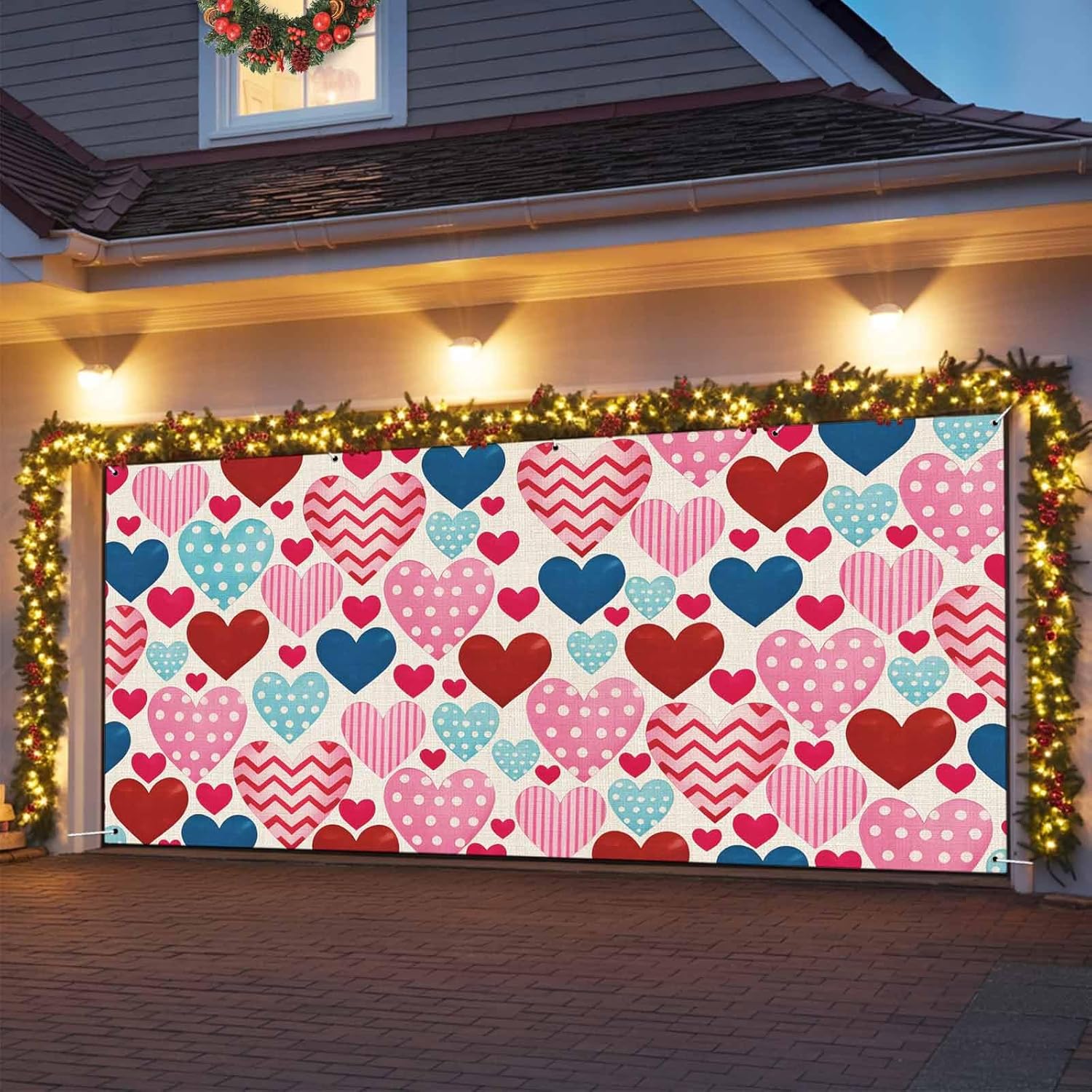 Valentines Garage Door Cover 7x8Ft Garage Door Banner Cover, Pink Red Blue Love Heart Watercolor Rustic Garage Door Decorations Backdrop for Christmas Holiday Garage Door Covers