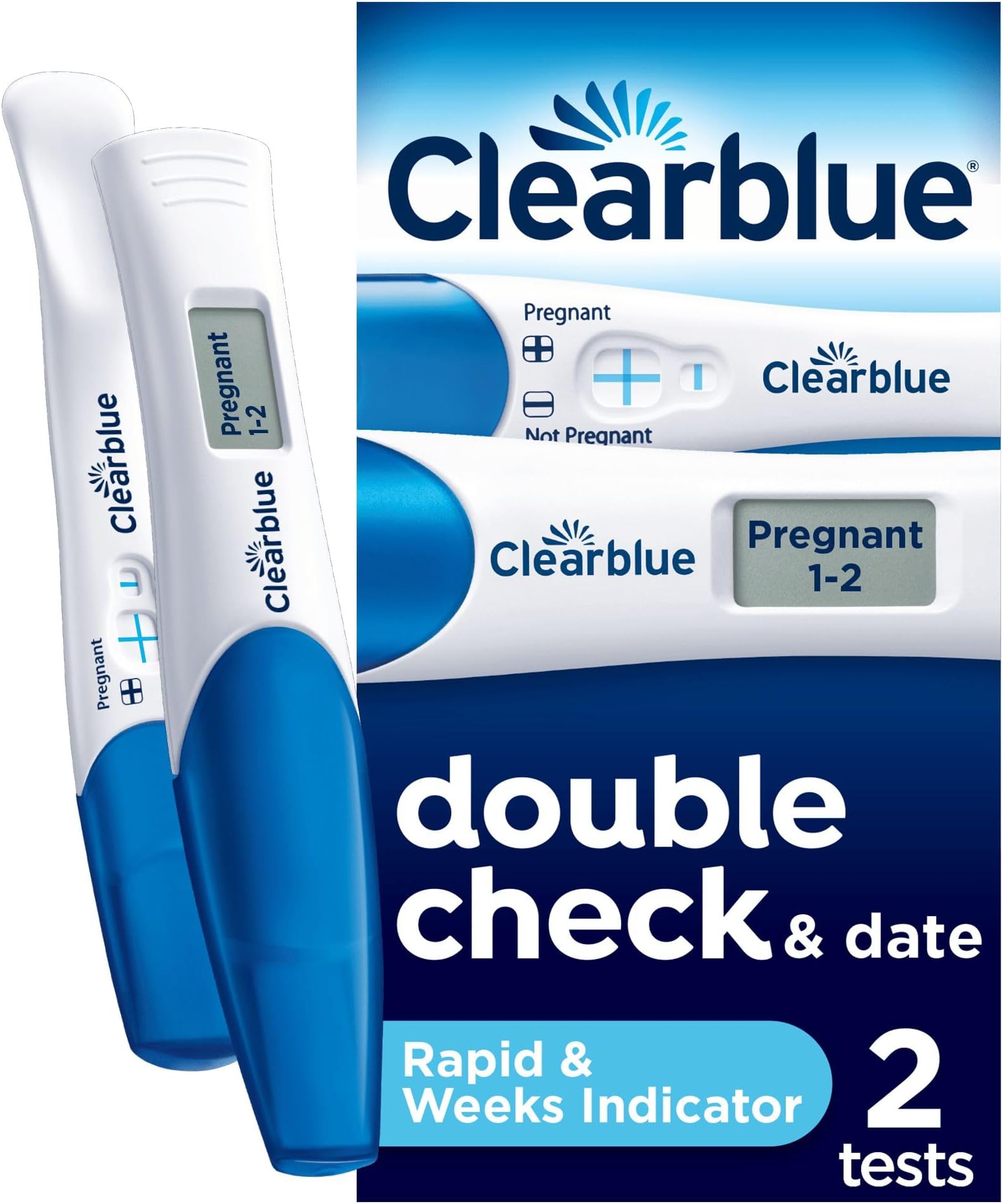 Clearblue Pregnancy Test Double-Check & Date Combo Pack, Result As Fast As One Minute (Visual Stick) & Tells You How Many Weeks (Digital Stick), 2 Tests (1 Digital, 1 Visual), Packaging May Vary