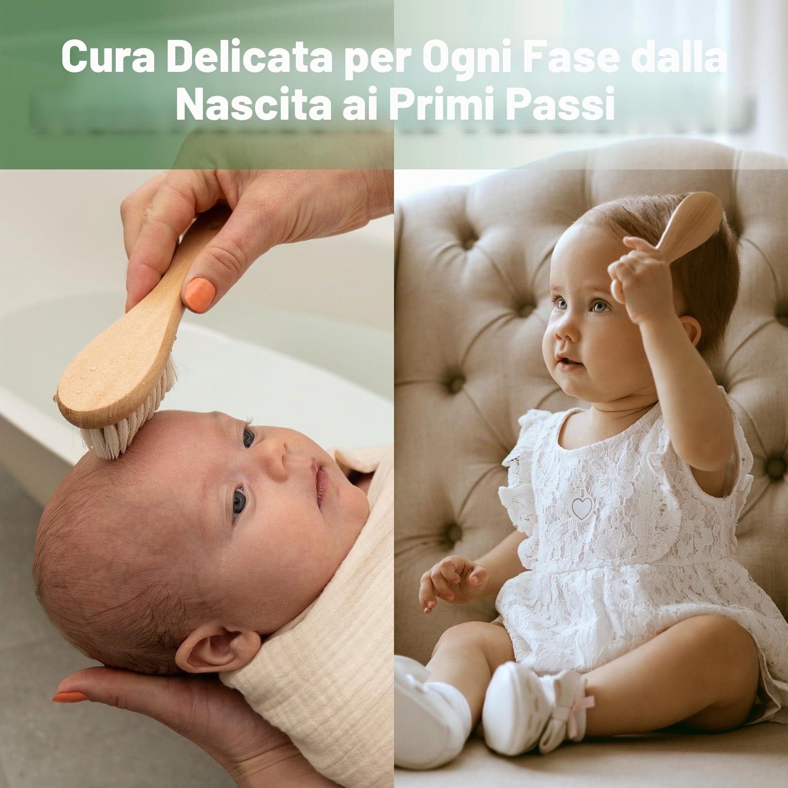 Haakaa Spazzola per Bambini, Spazzola Neonati, Spazzola per Capelli per Neonati, con Morbide Setole Naturali, Impugnatura Di Legno Antiscivolo