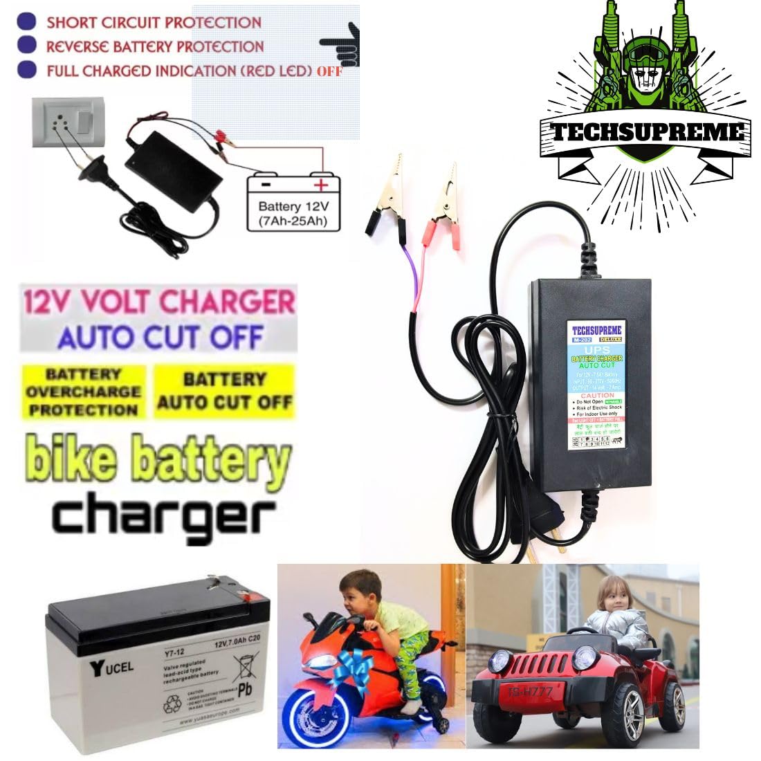 TechSupreme 12 Volt 2 Amp Battery Charger for Bike, Car, UPS Battery Charger Worldwide Adaptor A4 2