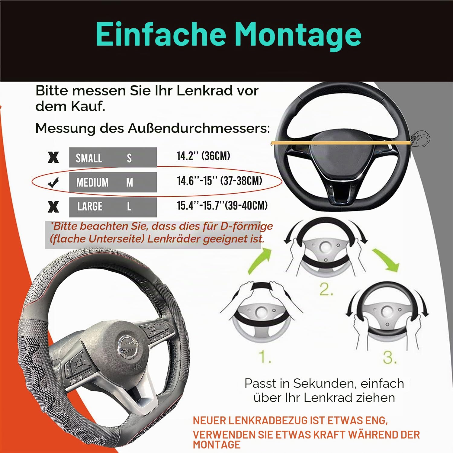 PINCTROT D-förmiger Lenkradbezug, 36,7–38,1 cm (14,5 –15 Zoll), guter Halt, mit 3D-Wabenmuster, rutschfestes Design, Flache Unterseite, Schwarz/rote Naht