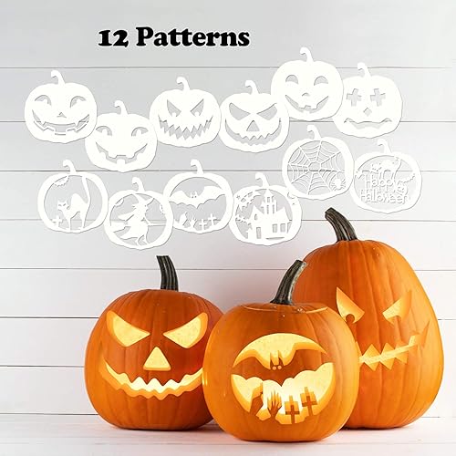 Miniatura 3 de Mocoosy 12 plantillas de Halloween, plantillas de cara de calabaza de 8 pulgadas para tallar, plantillas grandes de plástico reutilizables de
