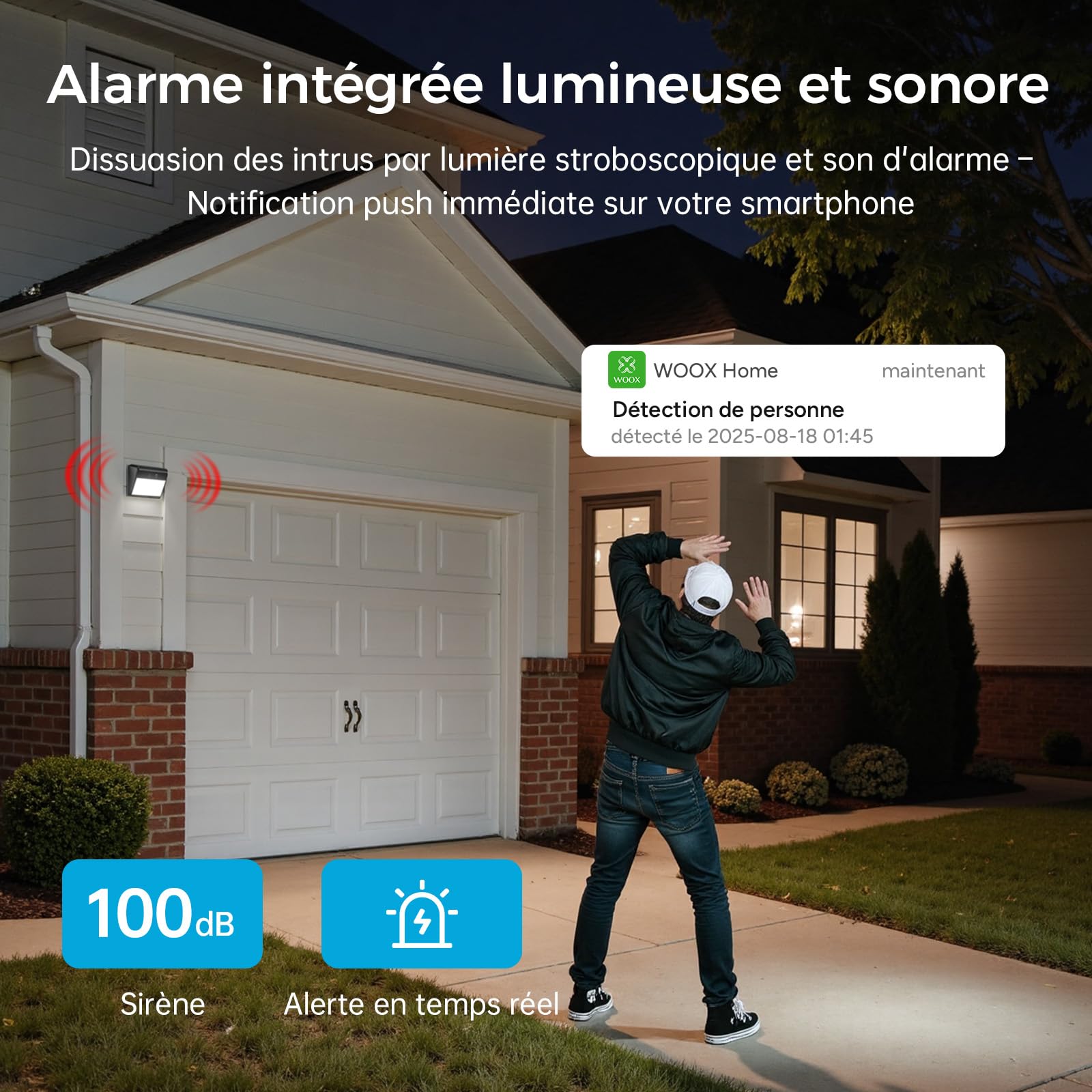 Woox Camera Exterieur Solaire avec éclairage Mural, 2K Caméra Surveillance WiF Exterieure sans Fil Batterie, éclairage Activation par Mouvement, avec Détection IA, Vision Nocturne en Couleur, IP65