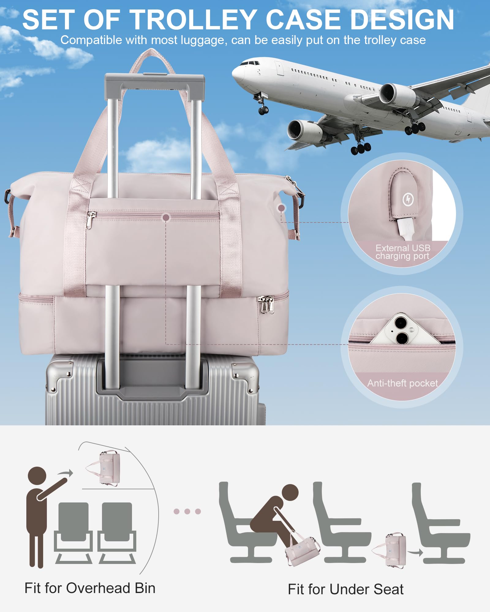 Borsone da Viaggio Donna, Bagaglio a Mano Borsa da Viaggio con Scomparto per le Scarpe, Borsa Sportiva Borsone da Palestra Grande, Borsa da Weekend, Borsa per Ospedale,I7-Rosa viola