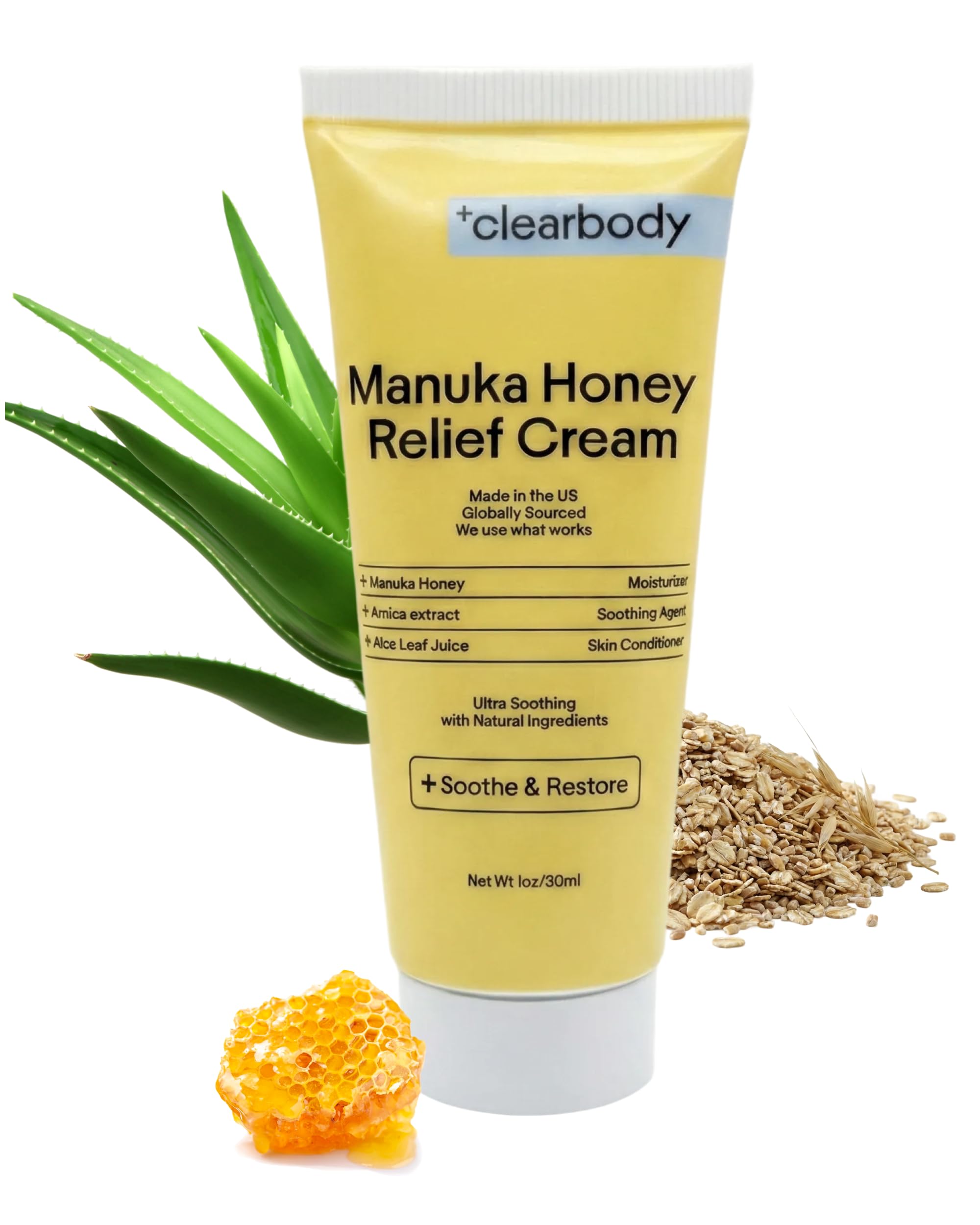 clearbody organics manuka honey cream for ezcema & dry skin - manuka honey ointment - colloidal oatmeal, aloe & natural ingredients - fast relief lotion for reactive skin - no greasy residue - 1 oz