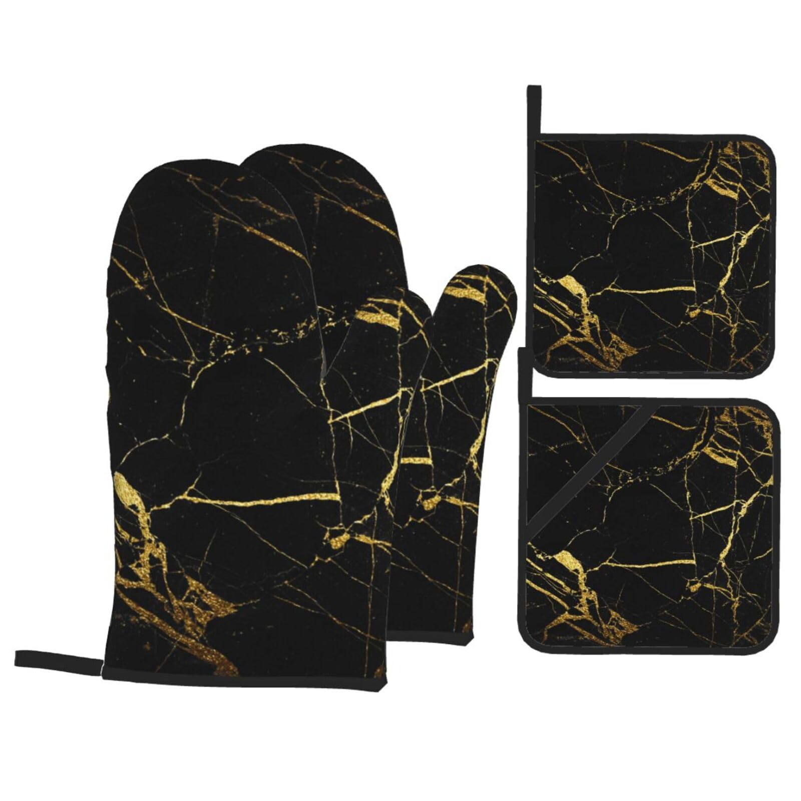 Black And Gold Background Print Stylish Heat-Resistant Oven 4-Piece Set Kitchen Gloves Roasting Daily Cooking