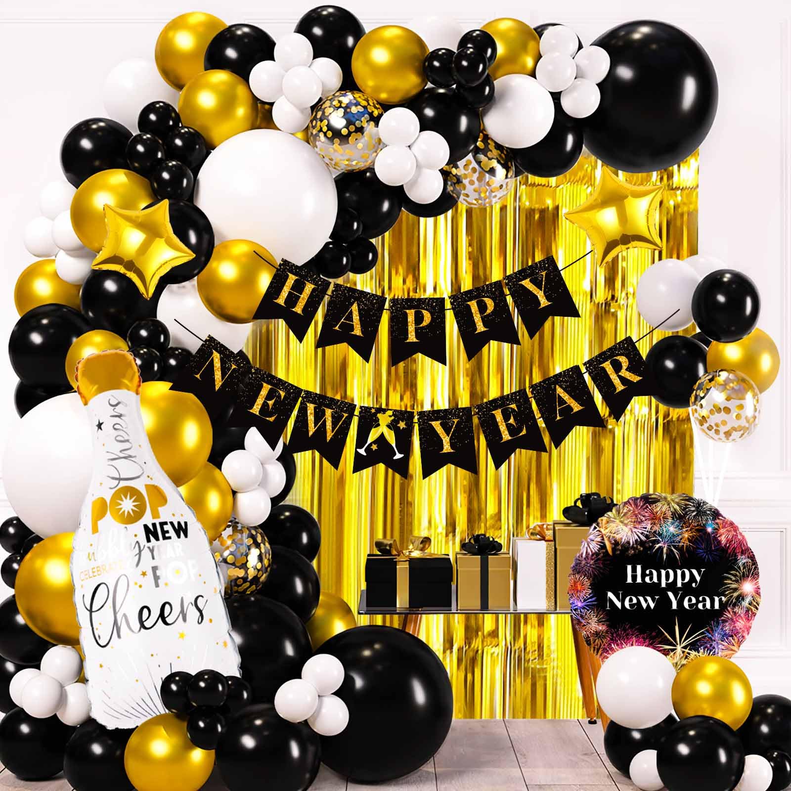 2026 New Years Eve Party Supplies, New Year Decorations 2026, Happy New Years Balloons Decoration Kit with Balloon Happy New Year Banner Foil Balloons Fringe Curtain for NYE Backdrop Decorations