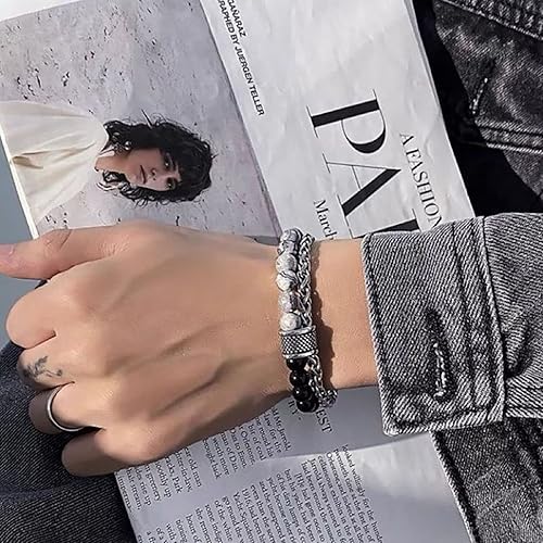 Miniatura 5 de Pulsera de obsidiana para hombre, pulsera de cuentas negras, pulseras de cadena plateada, pulseras punk, regalo de joyería