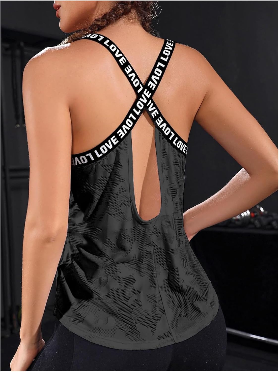 OYOANGLE Women's Camo Print Criss Cross Backless Sports Tank Tops Scoop Neck Workout Sleeveless Athletic Shirts - Image 2