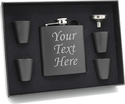 My Personal Memories, Custom Personalized Flask Set with Your Text Customized and Monogrammed Black