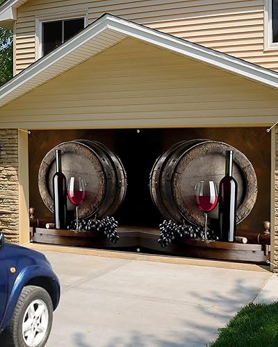 Miniatura 5 de Red White Wine Glasses Garage Door Decorations, Wooden barrel Art Garage Door Banner Cover with Grommets, Garage Door Mural Backdrop Decoration for