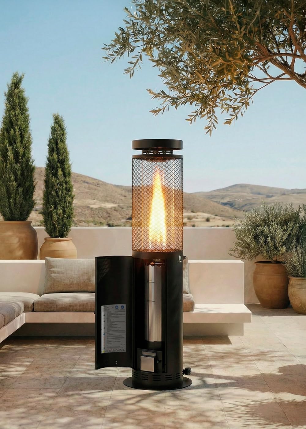 CREATE/FIRE ROUND PELLET HEATER/Stufa da esterno a pellet senza fumo Nero con power bank/Senza fumo, controllo della fiamma, copertura 9m2, consumo 3 ore e mezza, 17.5 kW
