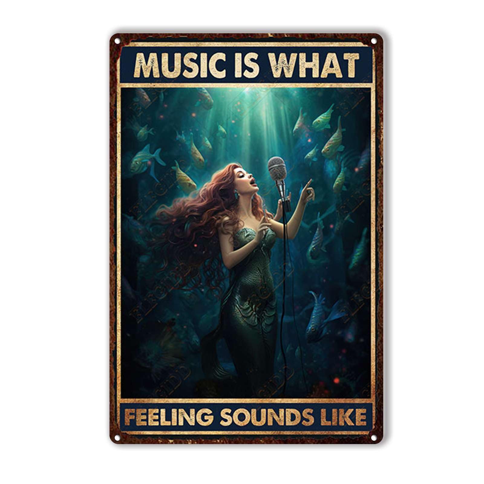 Anceky Vintage Tin Sign Music Is What Feeling Sounds Like Mermaid Metal Tin Sign Retro Wall Decor For Home Outdoor Garage Kitchen Yard 12×8 Inch