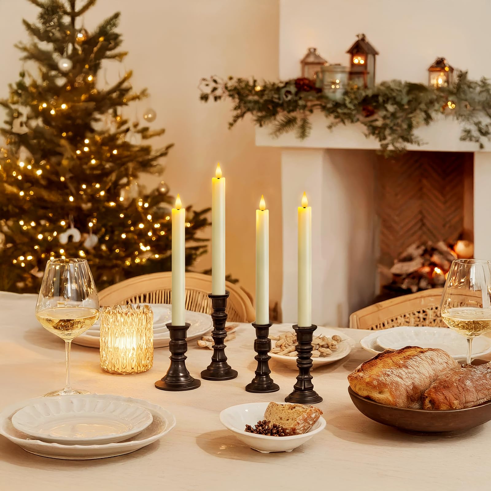 12 velas cónicas sin llama con regulador de temporizador remoto, candelabros LED de plástico marfil de 9.6 pulgadas