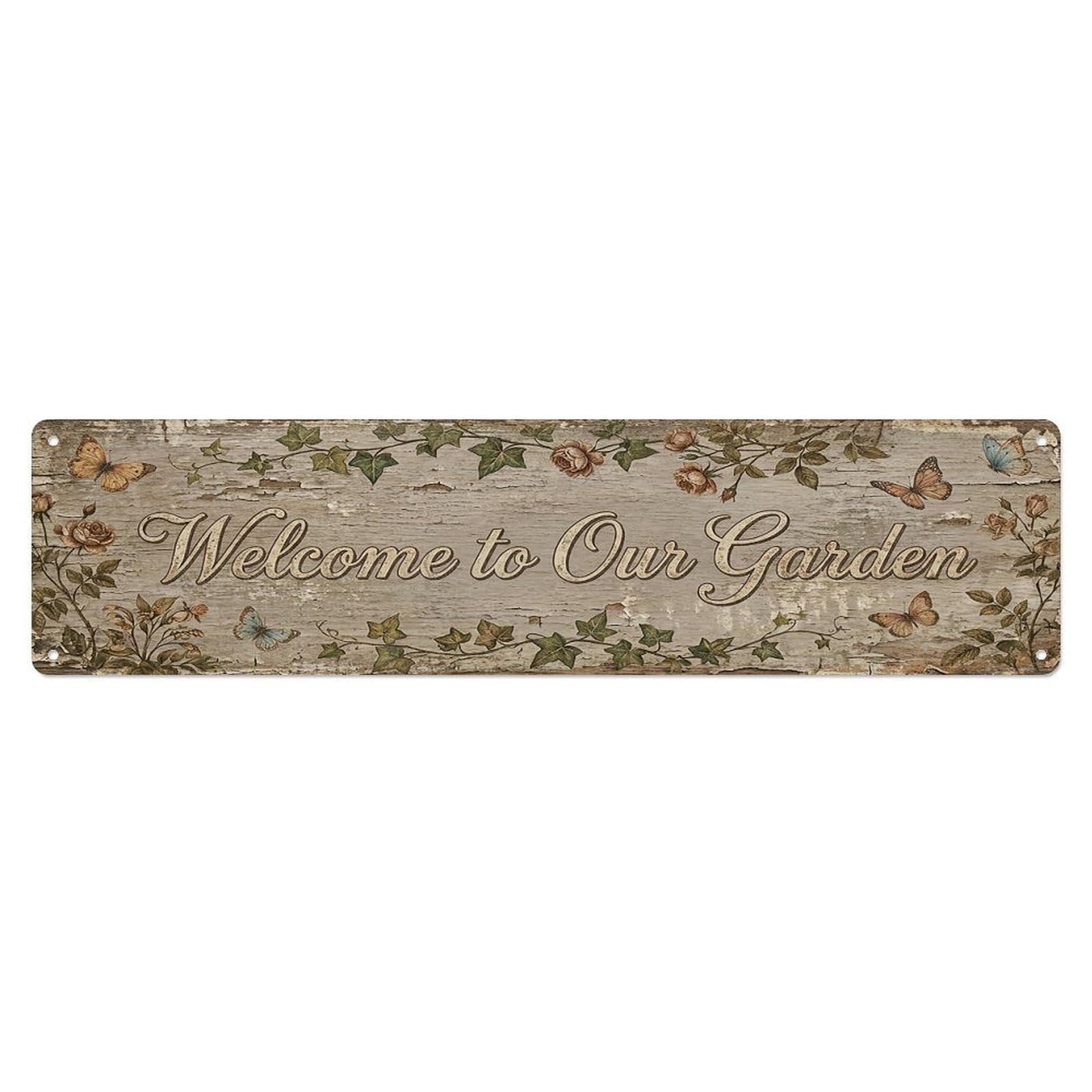 Vintage Welcome to Our Garden Butterfly Metal Tin Sign