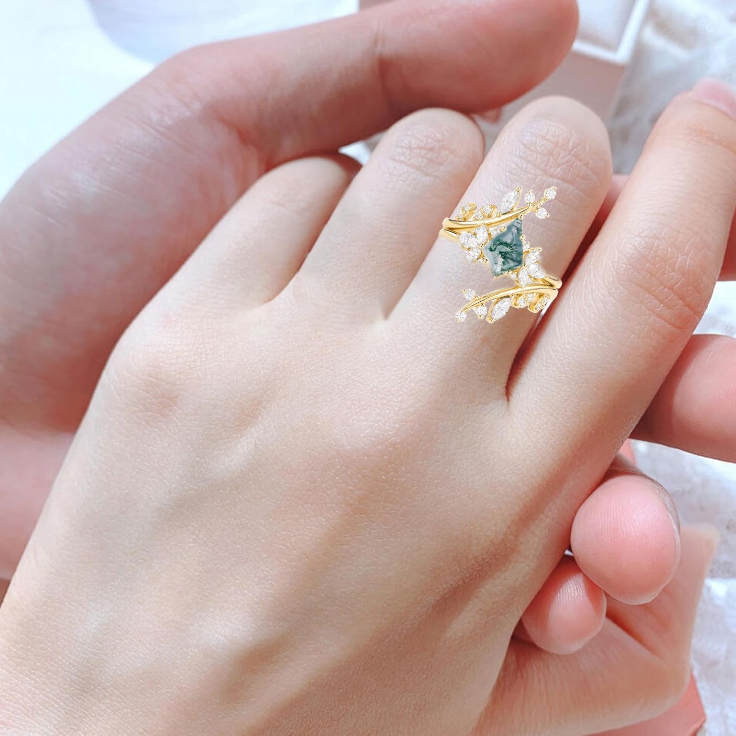 Natural Moss Agate Engagement Ring Set for Women 10K 14K 18K Solid Gold 1-3 Carat 2pc Art Deco Vine Leaf Moss Agate Wedding Ring Sets Bridal Ring Set with Moissanite Free Engraving