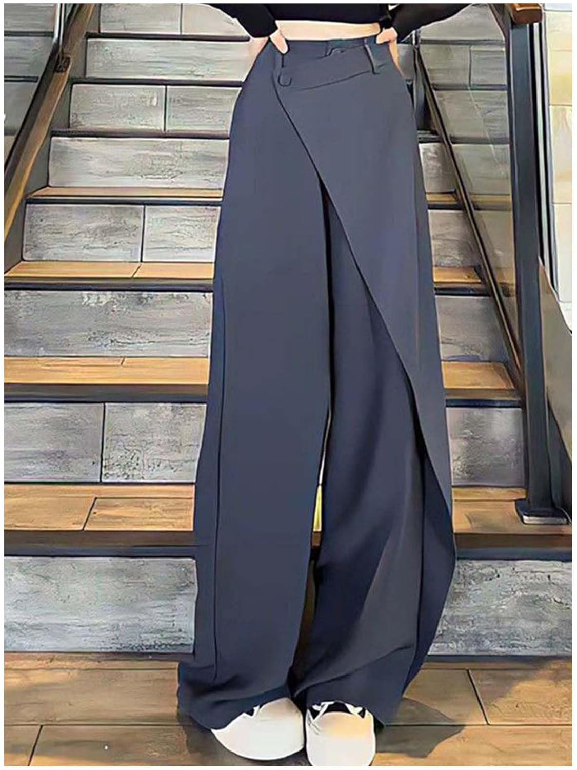 MLAFE High Waisted Loose Fit Business Casual Work Trousers Long Straight Suit Pants Women Asymmetrical Dressy Trousers - Image 3