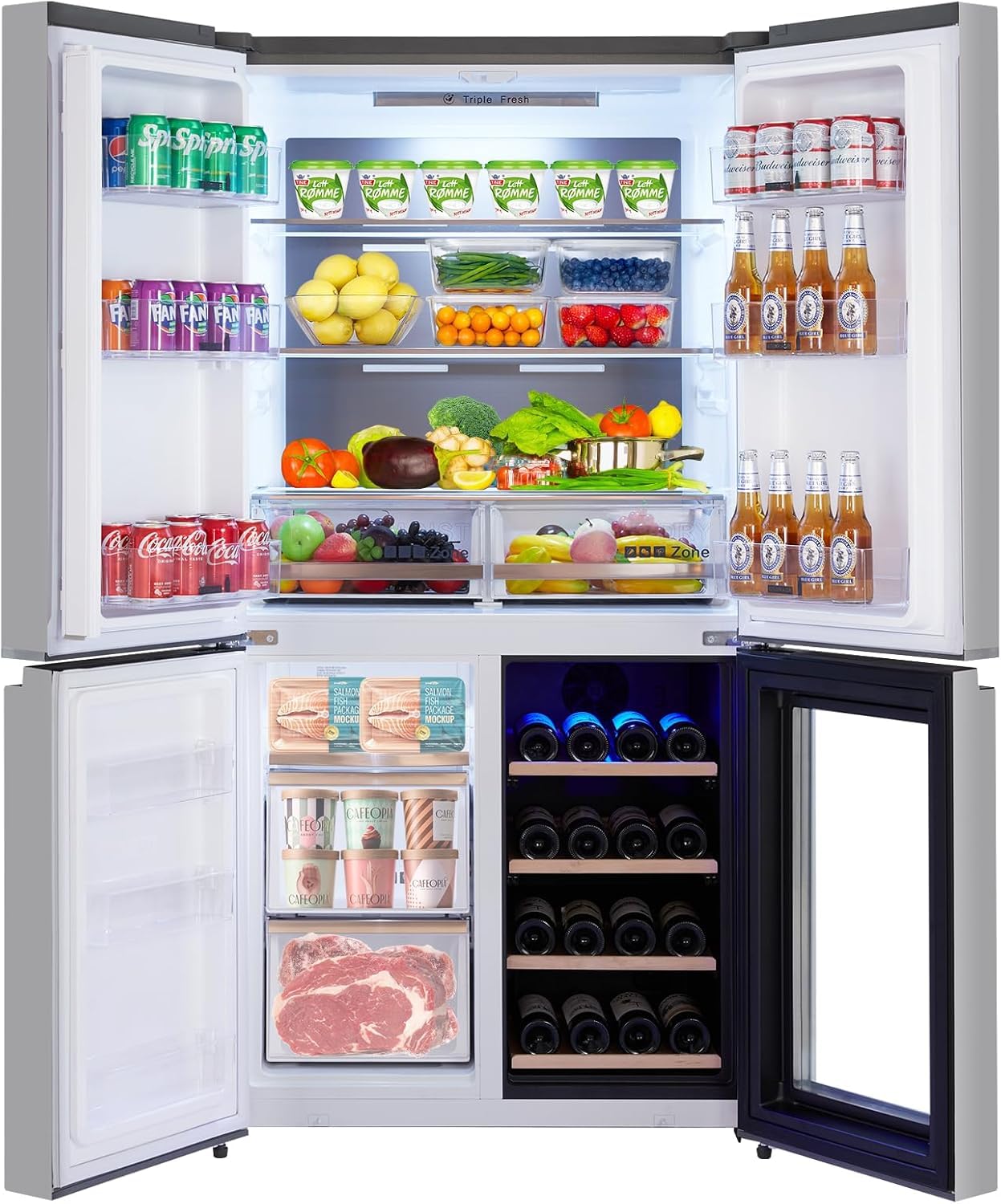 Milleloom 21 Cu. Ft French Door Counter Depth Stainless Steel Refrigerators With 4 Doors, Bottom Freezer, Interior LED Light, And Wine Cooler – Perfect For Kitchen, Office on Fridge.com - View 2