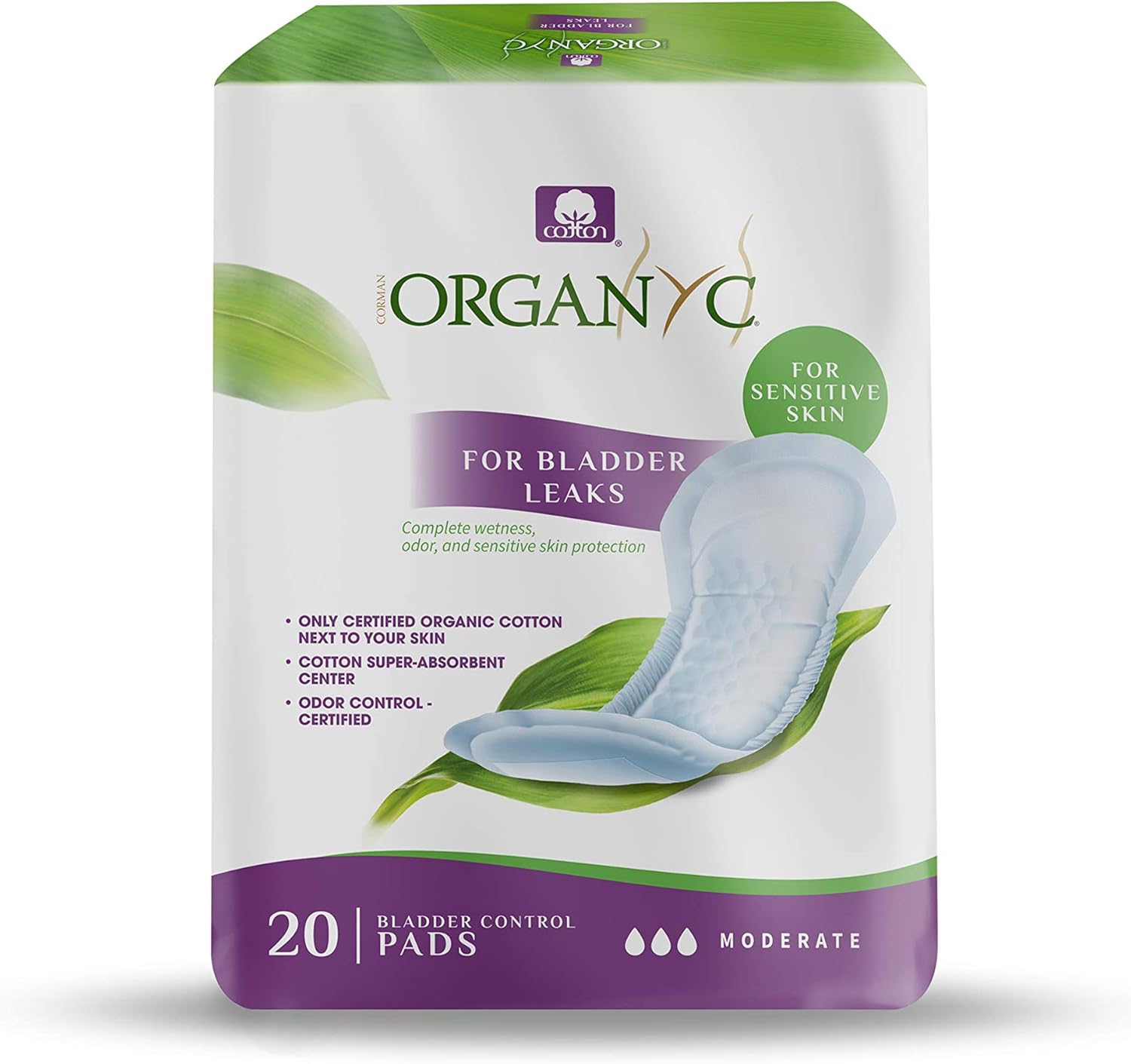Organyc  100% Organic Cotton Light Incontinence Pads for Bladder Leaks, FSA/HSA Eligible, Moderate Flow, 80 Count (4 Pack)...