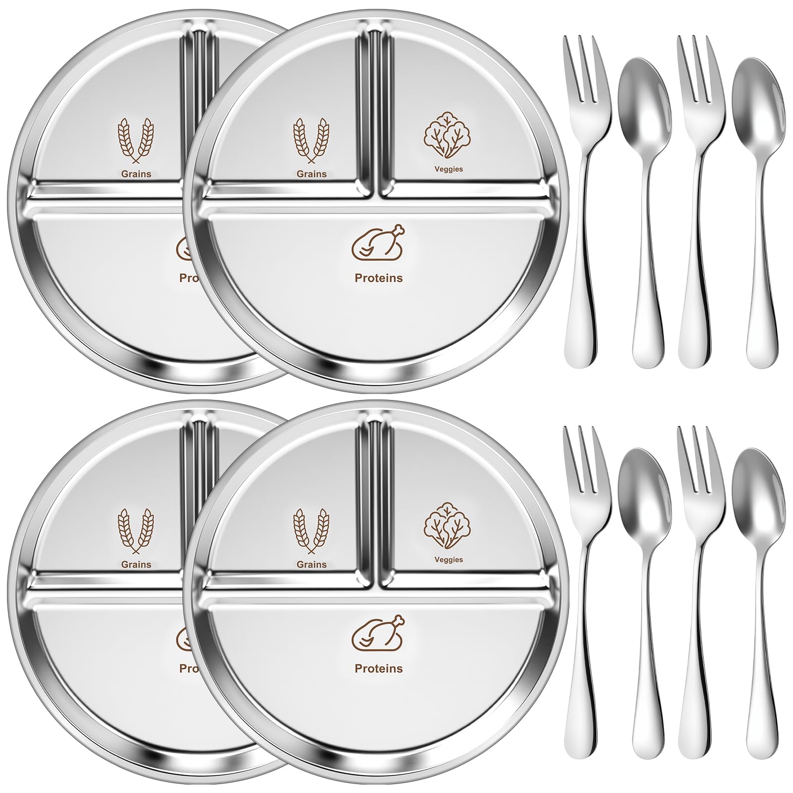 Jinei 4 Set 9 Inches Stainless Steel Bariatric Portion Control Plate and Silverware Set 3 Divided Sections Metal Bariatric Bowls Containers for Portion Control, Diet and Weight Loss, Fitness