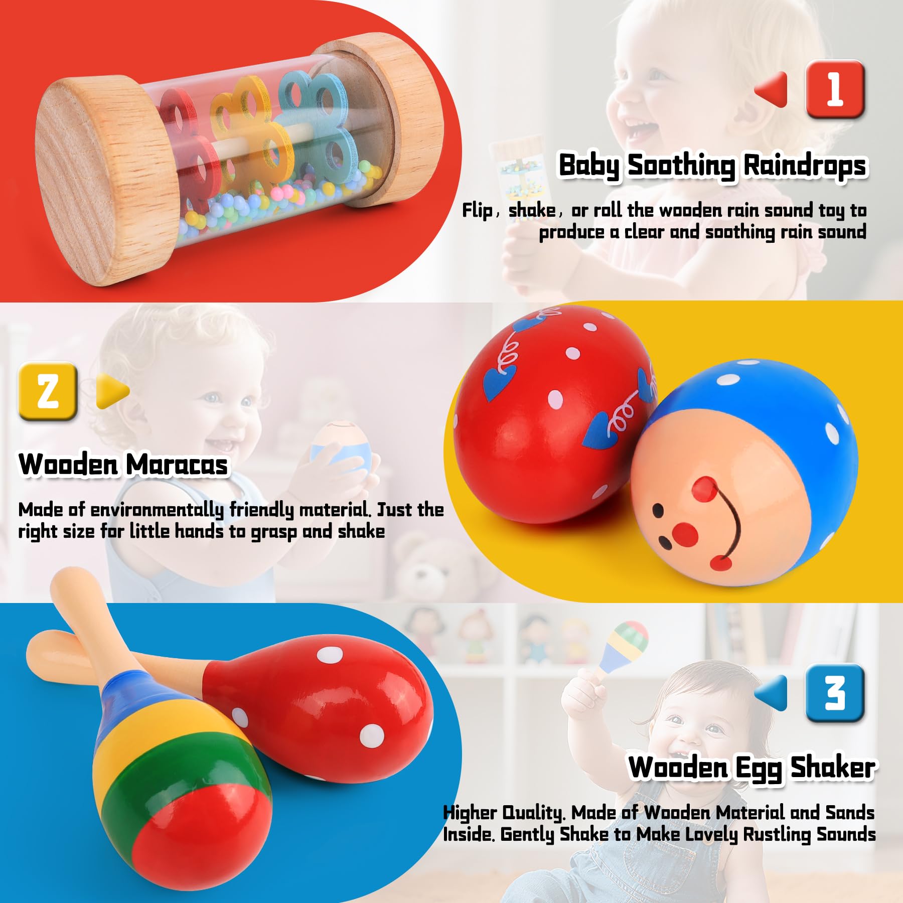 Wooden Baby Toys, 5PCS Mini Wooden Maracas Egg Shaker and Rain Stick Rattles Musical Toys for Babies Over 6 Months - Image 4