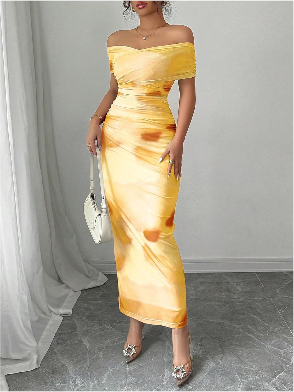 Floerns Women's Mesh Off The Shoulder Dress Ruched Wrap Front Bodycon Maxi Party Dresses - Image 2