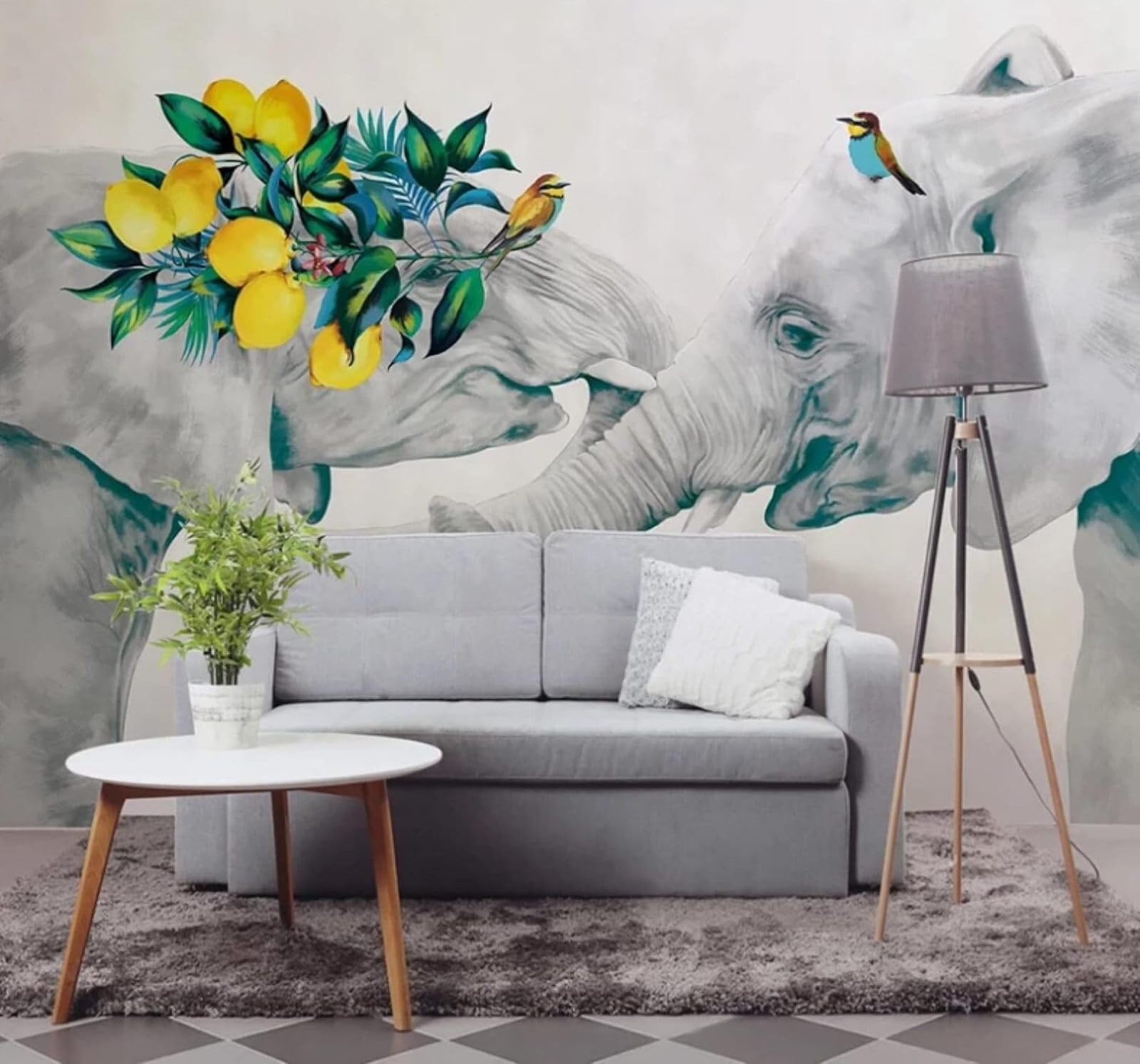 XLMING Minimalist Hand Drawn Elephant Flowers and Birds Art 3D Wallpaper Luxury Silk Study Dining Feature Sofa Grey Bedroom Living Room Tv Decorative Wall-300cm×210cm