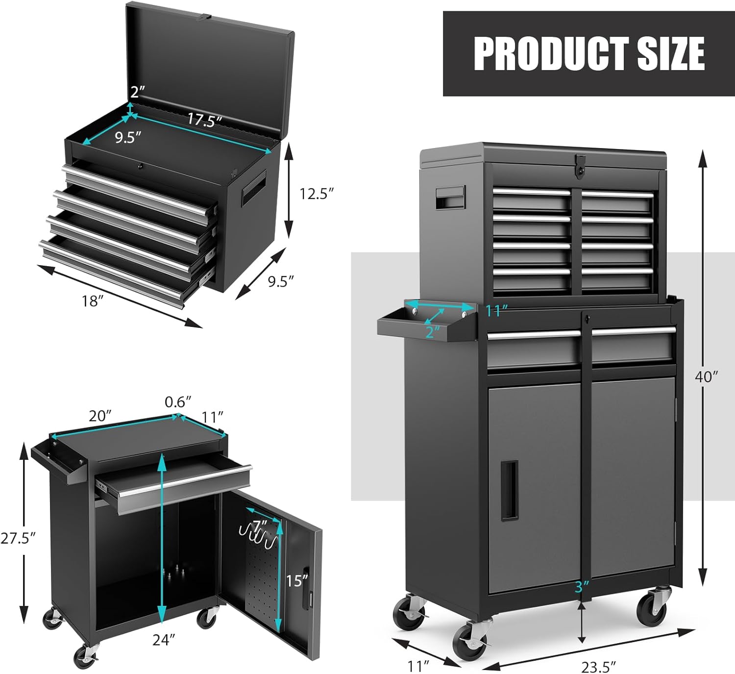 DREAMADE 5-Drawer Tool Chest Combo, Rolling Tool Cabinet w/Detachable Top Tool Box, Adjustable Shelves, Lockable Wheels, Metal Tool Box for Garage, Workshop, Repair Shop Storage (Grey)