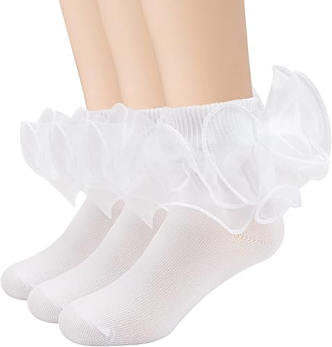 Looching Calcetines de doble volantes para niñas pequeñas, con ribete de encaje con volantes, color blanco, con tutú, 3 pares